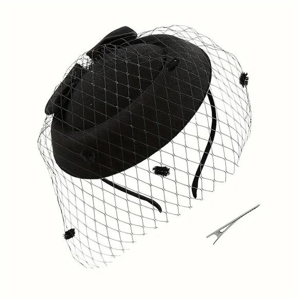 🖤 Pinup Accessory 1950s Retro Vintage Fascinator Black Pillbox Pearl Veil Hat - Picture 3 of 13